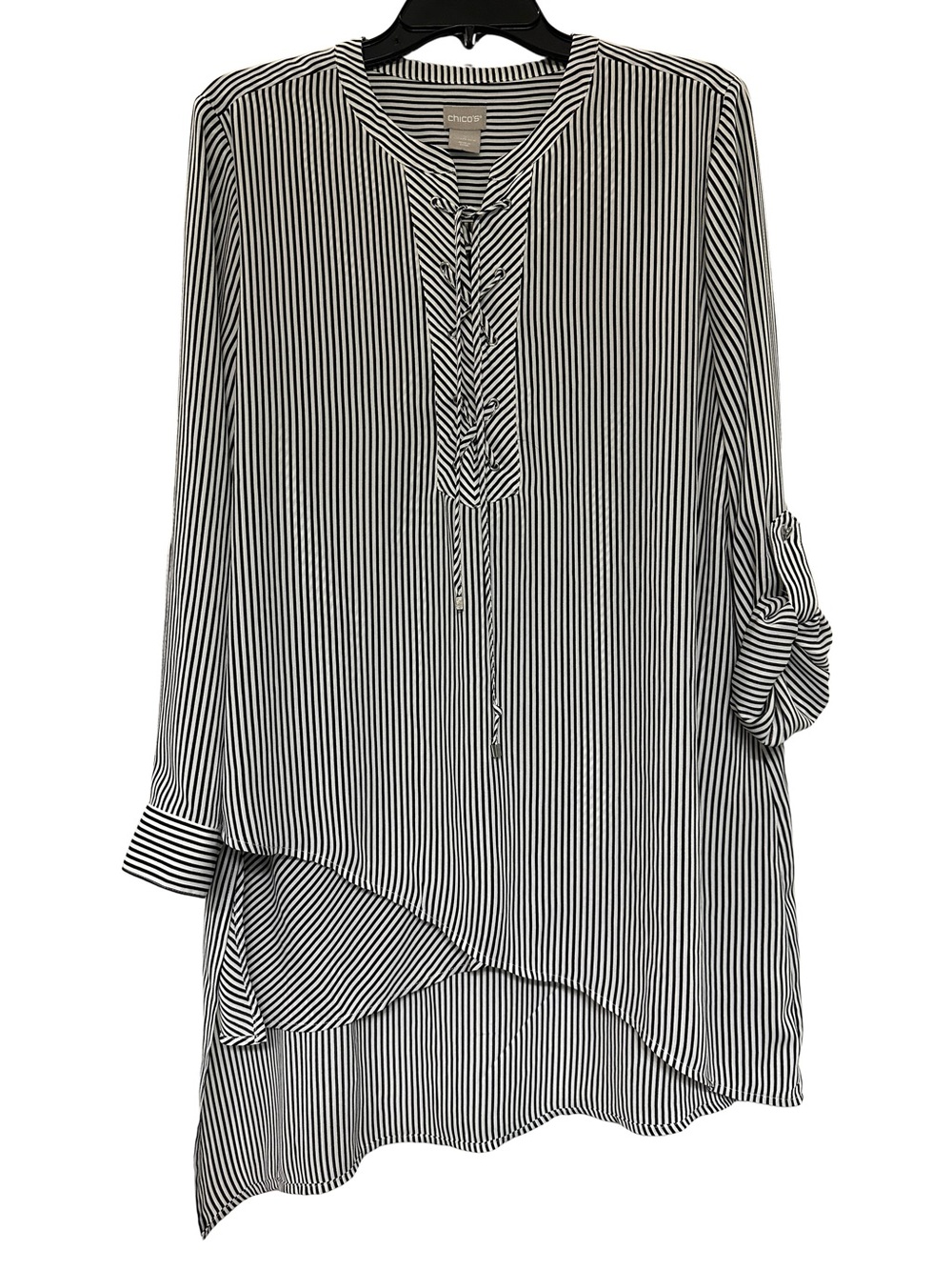 Chico's Black & White Striped Tunic Blouse 2 12/14 lace up asymmetric